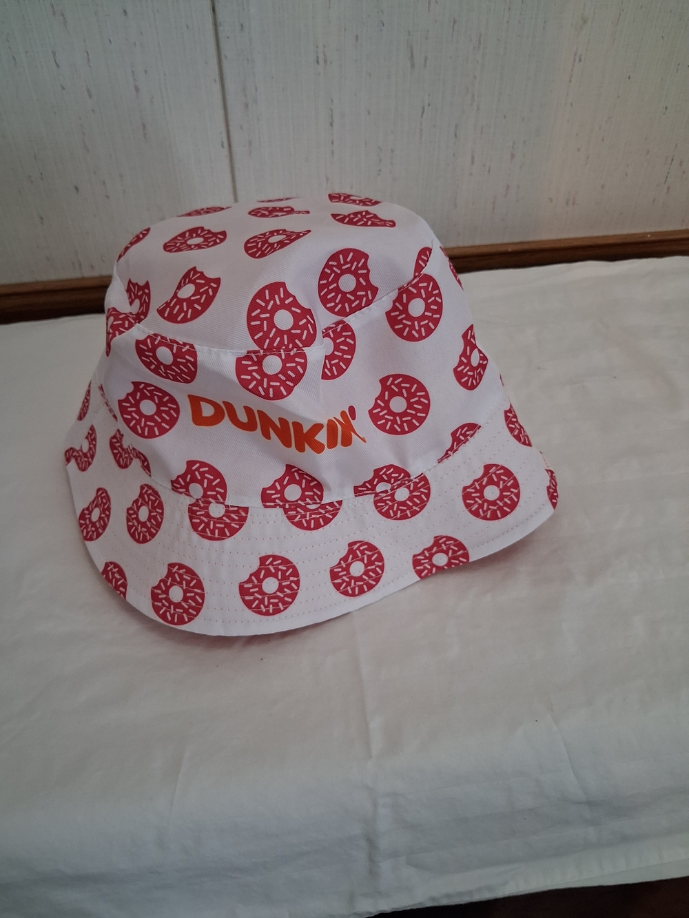 Dunkin Donuts Reversible Bucket Orange White Donut Print Bucket Hat